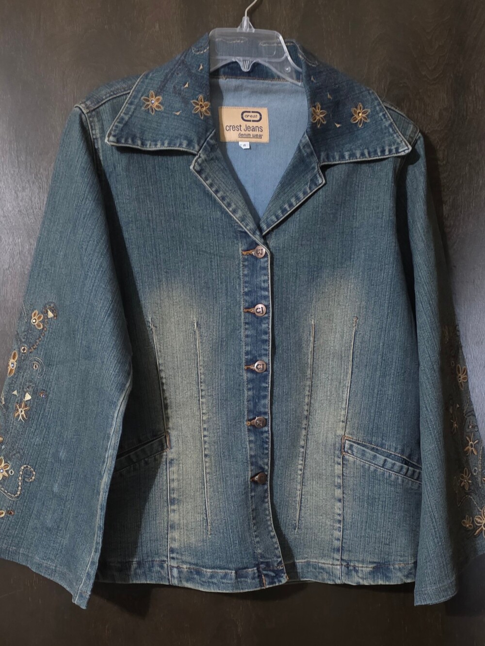 Crest Vintage Denim Jacket Floral Embroidery Button Cuffs Faded Look Size 14W